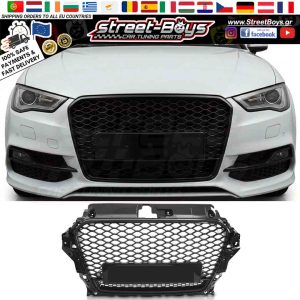 ΜΑΣΚΑ [RS QUATTRO TYPE] ΜΑΥΡΗ ΓΥΑΛΙΣΤΕΡΗ ΓΡΙΛΙΑ ΜΠΡΟΣΤΑ ΠΡΟΦΥΛΑΚΤΗΡΑ AUDI A3 8V (2012-2016)