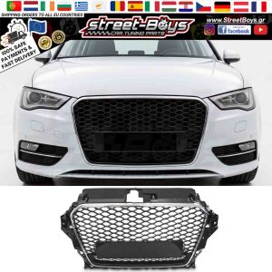 ΜΑΣΚΑ [RS QUATTRO TYPE] ΠΛΑΙΣΙΟ ΧΡΩΜΙΟΥ & ΜΑΥΡΗ ΓΡΙΛΙΑ ΜΠΡΟΣΤΑ ΠΡΟΦΥΛΑΚΤΗΡΑ AUDI A3 8V (2012-2016)